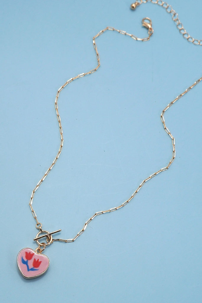 PORCELAIN FLOWER HEART CHARM TOGGLE NECKLACE | 80N91839
