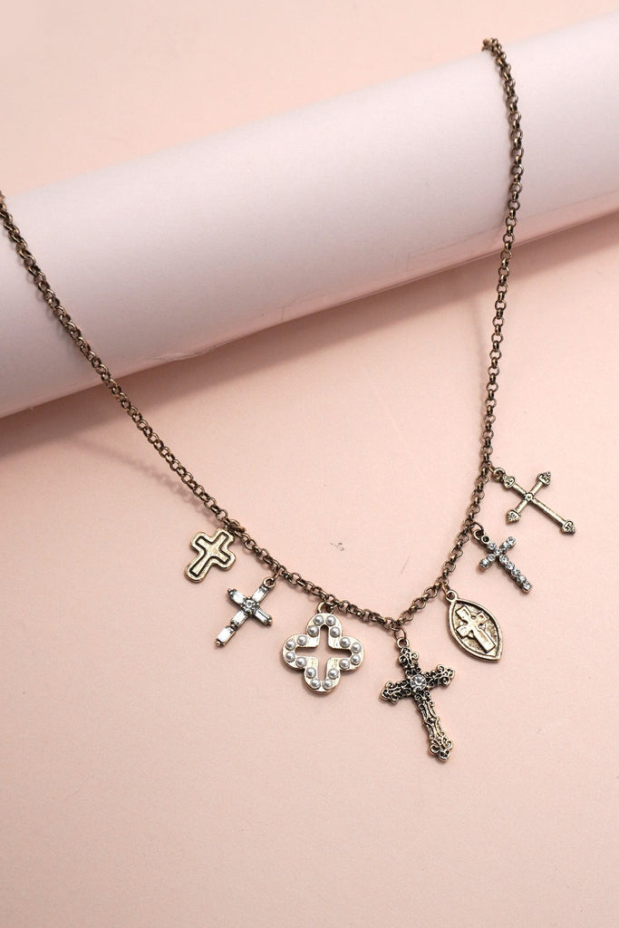 CHARM NECKLACE-BURNISH GOLD CROSS CHARMS | 80N91812