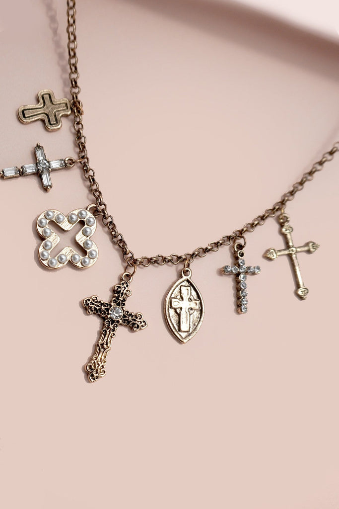CHARM NECKLACE-BURNISH GOLD CROSS CHARMS | 80N91812