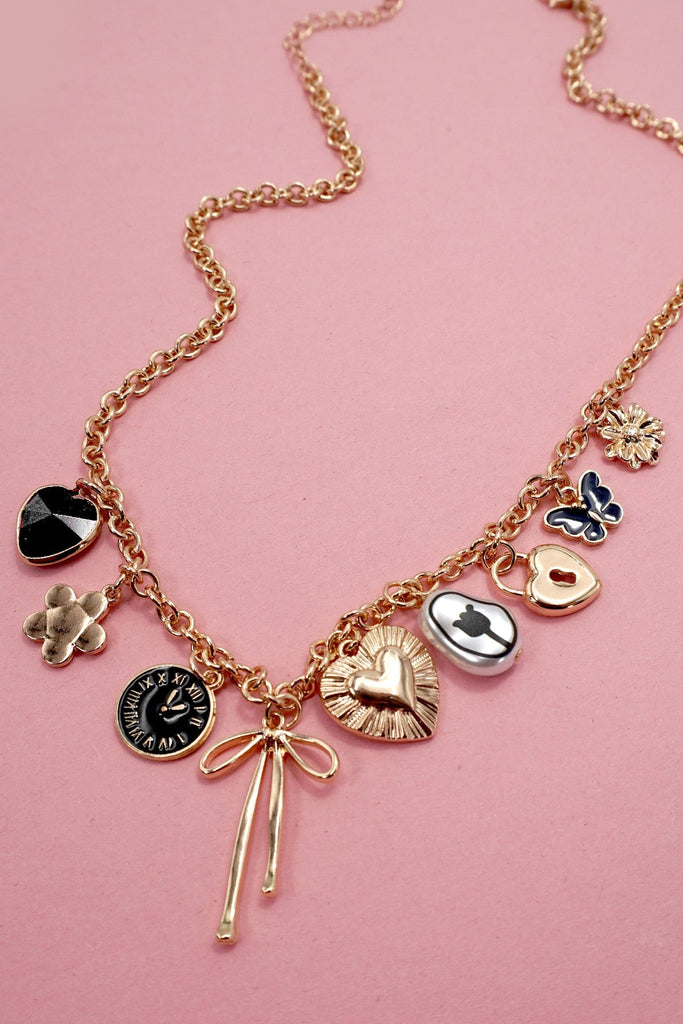 CHARM NECKLACE-HEART CLOCK BOW LOCK CHARMS | 80N91815