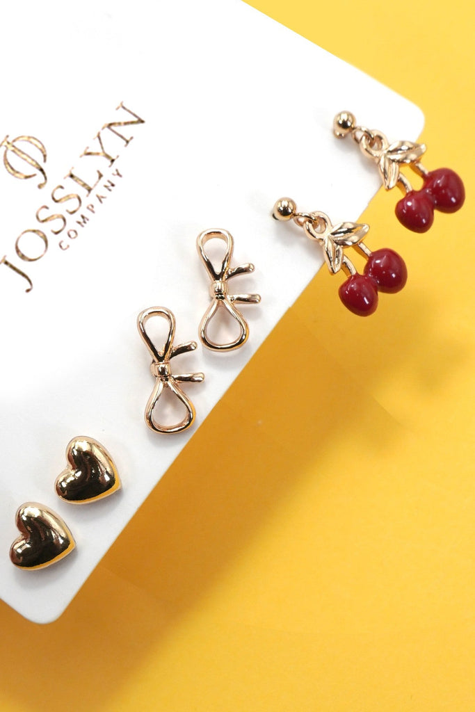 TRIO CHERRY BOW HEART STUD EARRINGS | 80E6779
