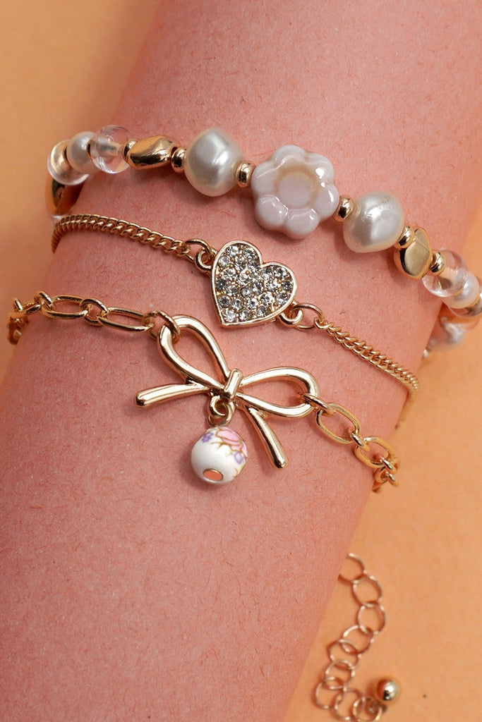 Stainless Steel Multi-Layer Heart Charm Beads Chain Bracelet – Women's, With Lobster Clasp
