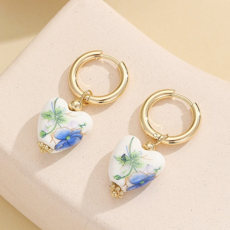 BLUE CERAMIC PORCELAIN GOLD PEARL DROP EARRINGS | 40E391