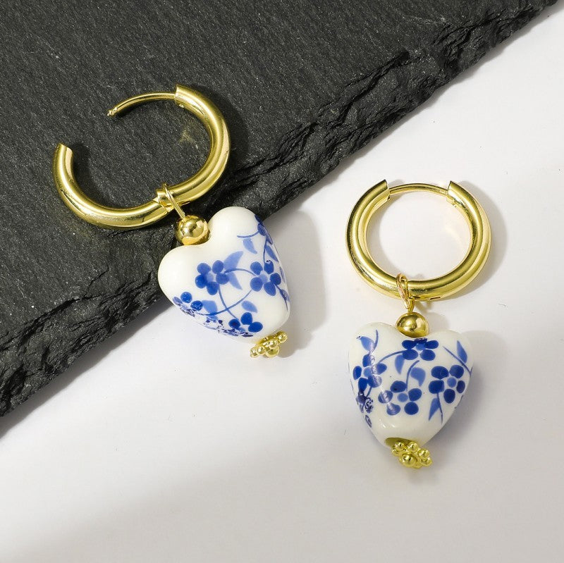 BLUE CERAMIC PORCELAIN GOLD PEARL DROP EARRINGS | 40E391