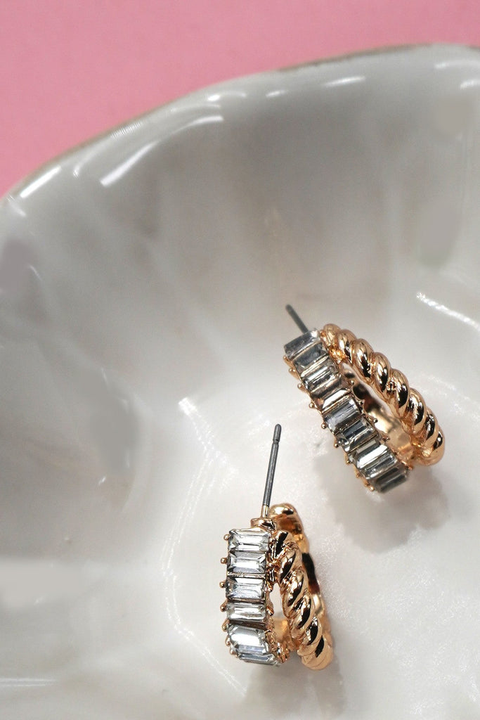 GOLD RHINESTONE INTWINED HUGGIE HOOP EARRINGS | 80E61000