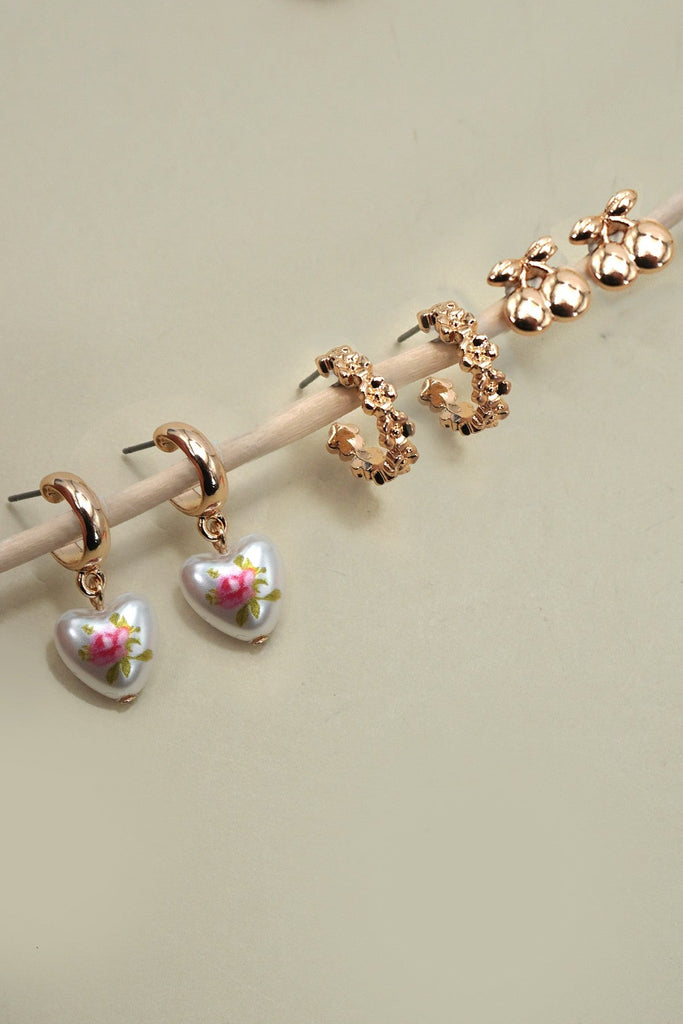 CHERRY FLORAL HOOP HEART HUGGIE TRIO EARRINGS | 80E6970