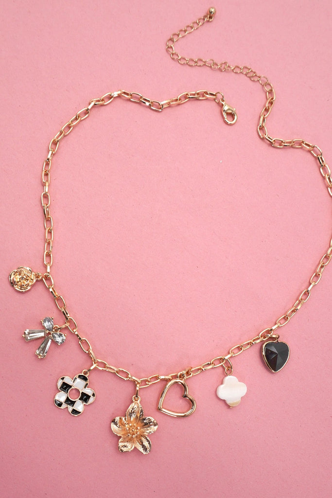 CHARM NECKLACE-BOW CHECKER HEART RHINESTONE | 80N92053