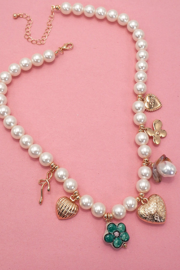 CHARM PEARL NECKLACE-HEART PORCELAIN FLOWER BOW | 80N92080