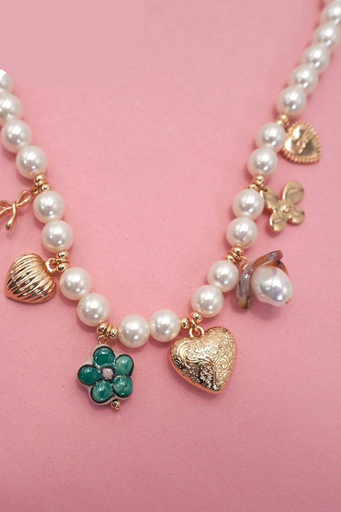 CHARM PEARL NECKLACE-HEART PORCELAIN FLOWER BOW | 80N92080