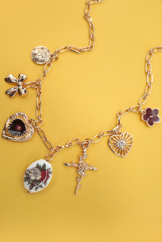 CHARM NECKLACE-HEART PORCELAIN FLOWER BOW CROSS | 80N92072