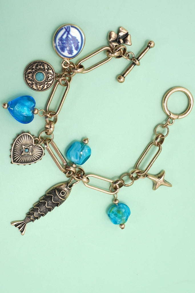 CHARM BRACELET PORCELAIN BLUE GEM STONE FISH | 80B1358