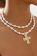 LUSTROUS PEARL BEADED LAYERED CROSS NECKLACE | 40NK9552