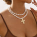 LUSTROUS PEARL BEADED LAYERED CROSS NECKLACE | 40NK9552