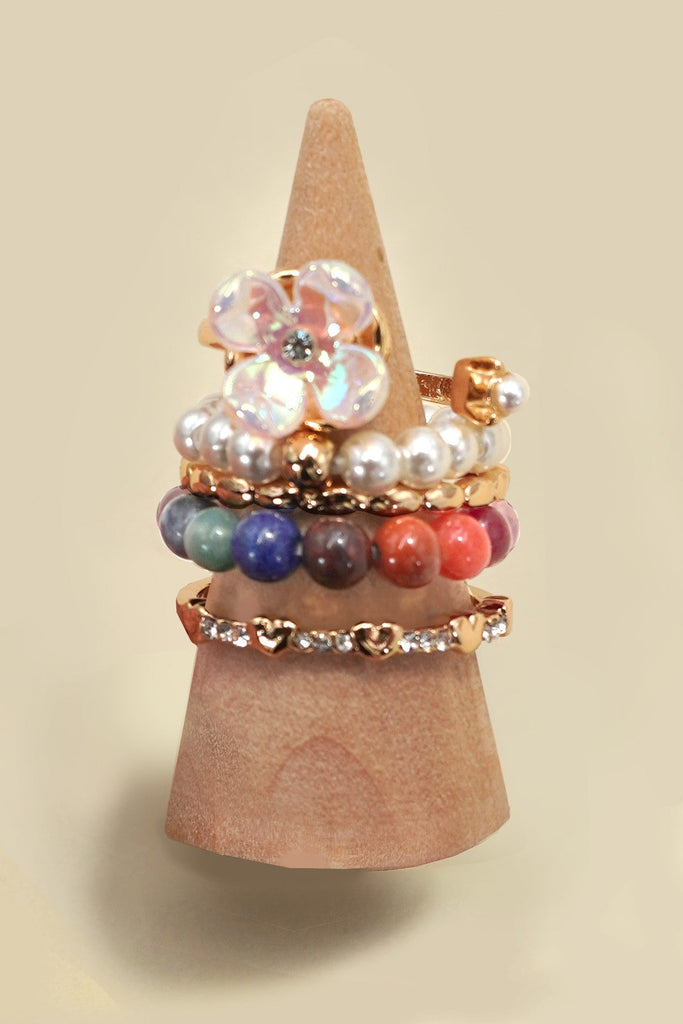 LAYERED MULTI BEADED FLORAL BOW STACKABLE RING SET | 80R053