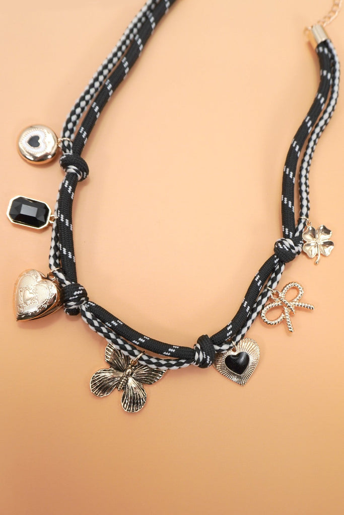 DOUBLE CORD CHARM NECKLACE - HEART LOCKET CLOVER | 80N92317