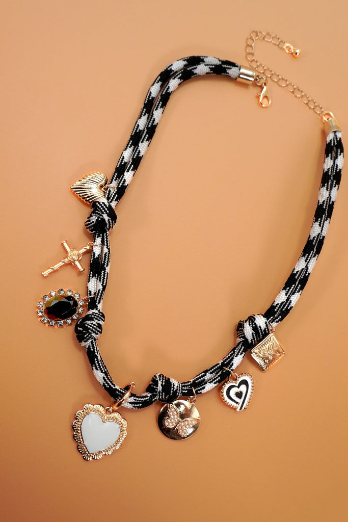 DOUBLE CORD CHARM NECKLACE - HEART CROSS STONE | 80N92318