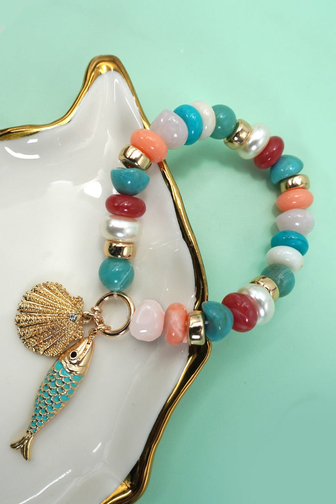 MULTI PEARL STONE MIX BEADED GOLD FISH BRACELETS | 80B1507