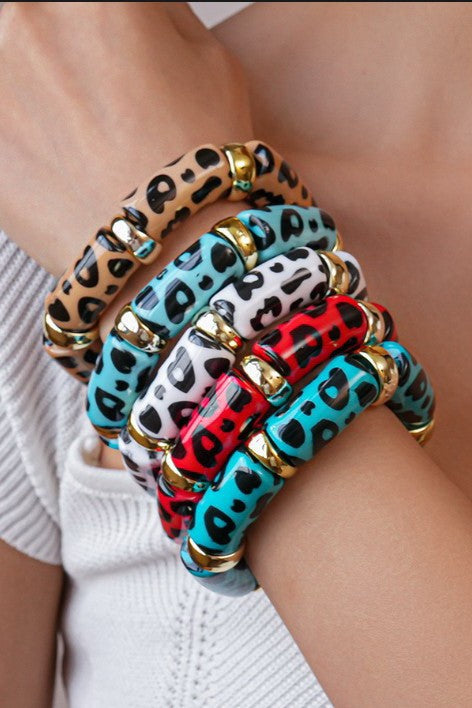 Acrylic Leopard Animal Gold Stretch Cord Bracelet | 40B5199