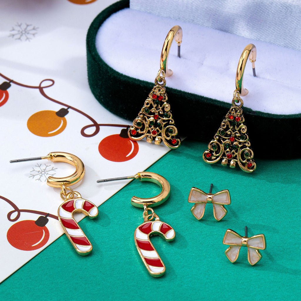 Holiday Bow Candy Cane & Tree Trio Earring Set | 80E63585