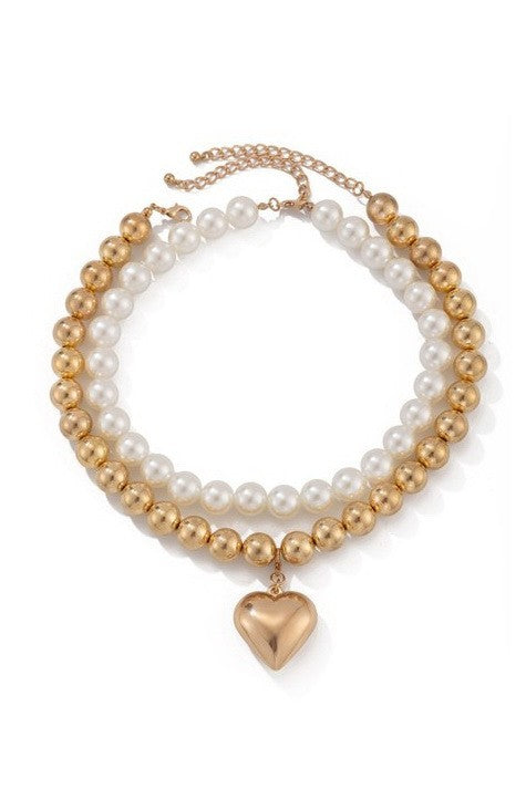 LUSTROUS PEARL BEADED LAYERED HEART NECKLACE | 40NK9594