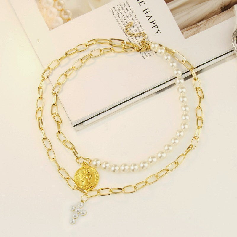 MULTI LAYER MIX PEARL CROSS COIN CHARM NECKLACE | 40NK9597