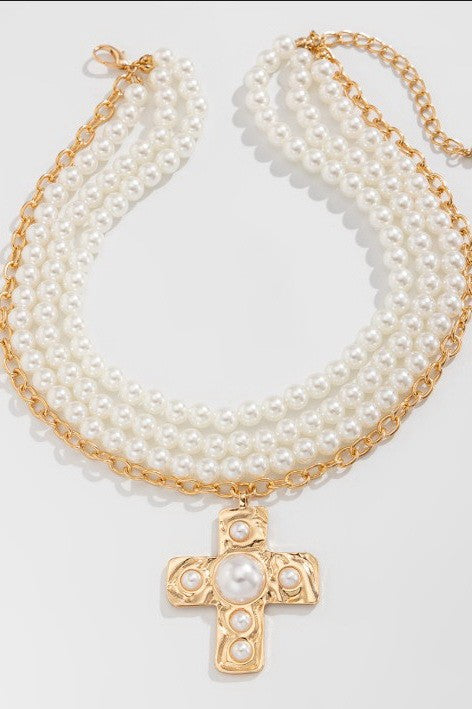 MULTI WRAP PEARL BEADED CROSS CHARM NECKLACE | 40NK9599