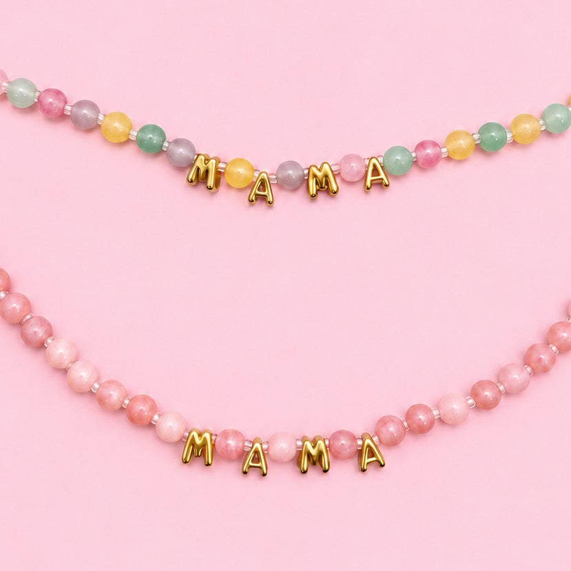 STAINLESS STEEL MAMA NATURAL STONE BEADED NECKLACE|40NK9810