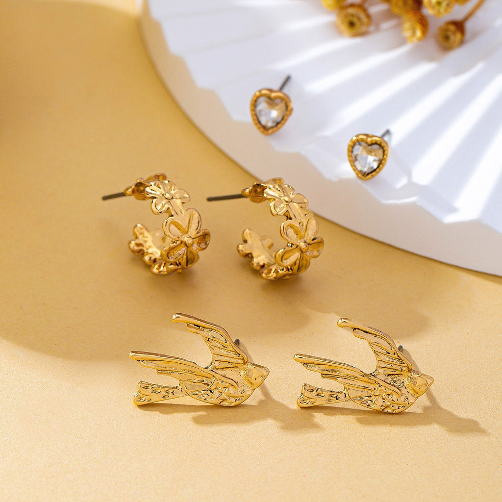 Botanical Bird Heart Crystal & Floral Earring Set | 80E63587