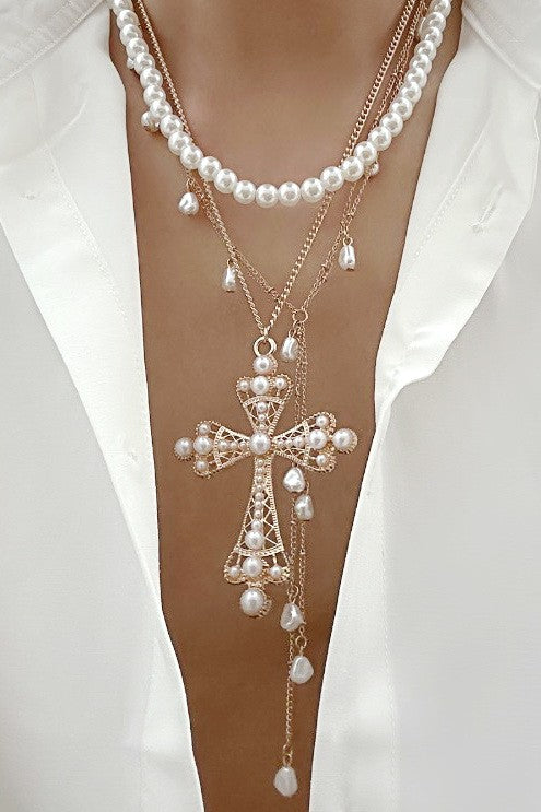 MULTI LAYER MIX PEARL CROSS Y CHARM NECKLACE | 80N92464