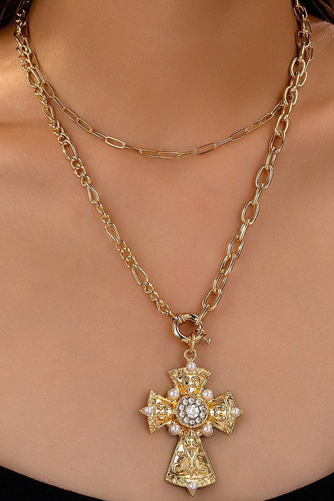 MULTI LAYERED CROSS STATEMENT NECKLACE | 80N92465