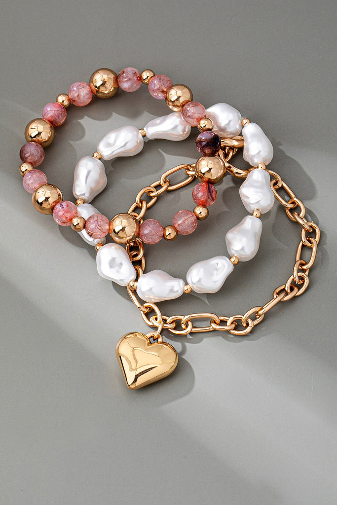 MULTI LAYER MIXED PEARL BEAD HEART CHARM BRACELET | 80B1549