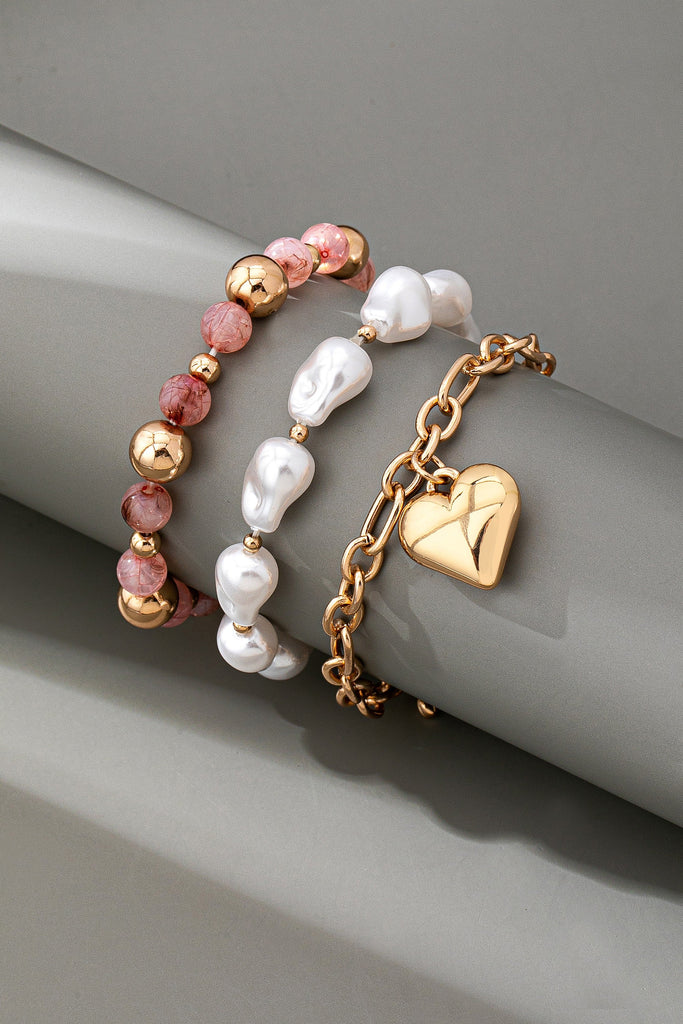 MULTI LAYER MIXED PEARL BEAD HEART CHARM BRACELET | 80B1549