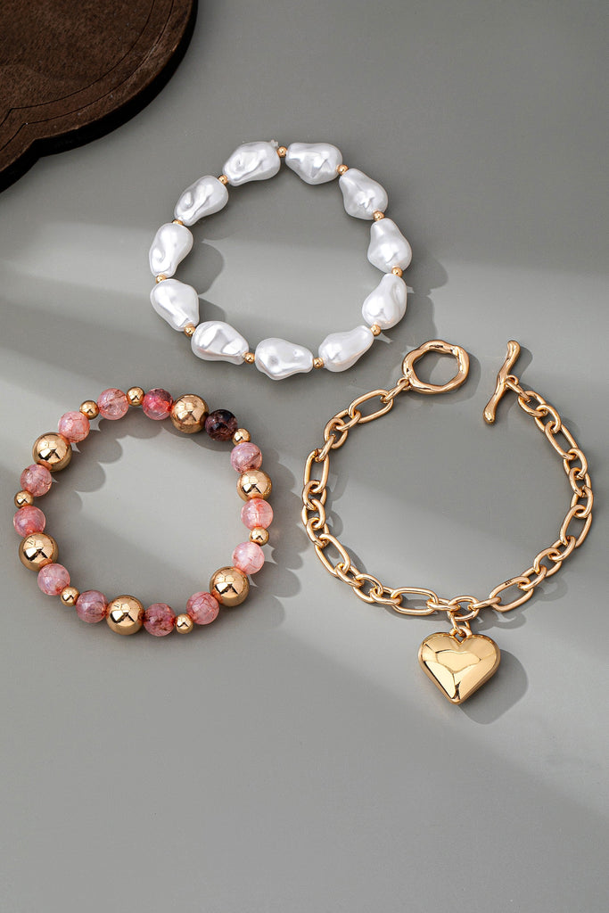MULTI LAYER MIXED PEARL BEAD HEART CHARM BRACELET | 80B1549
