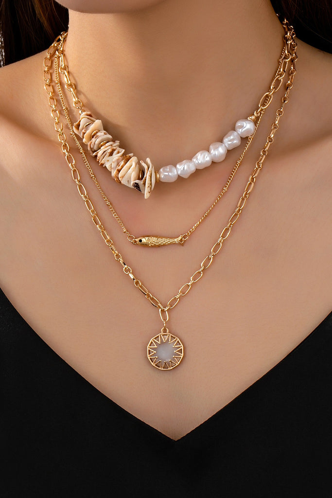 MULTI LAYER SEASHELL PEARL FISH CHARM NECKLACE | 80N92441