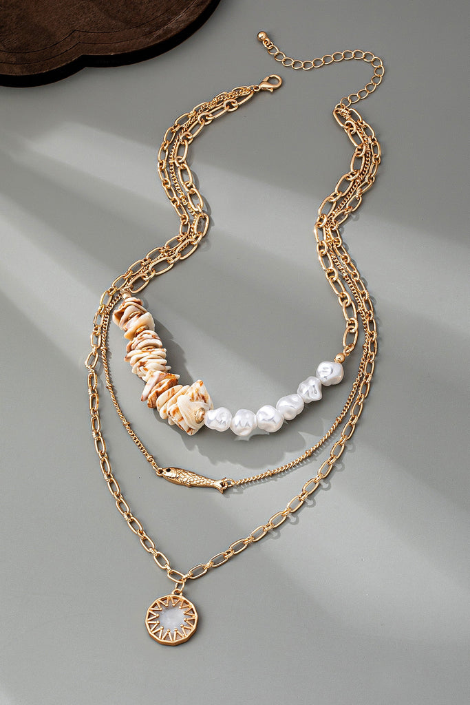 MULTI LAYER SEASHELL PEARL FISH CHARM NECKLACE | 80N92441