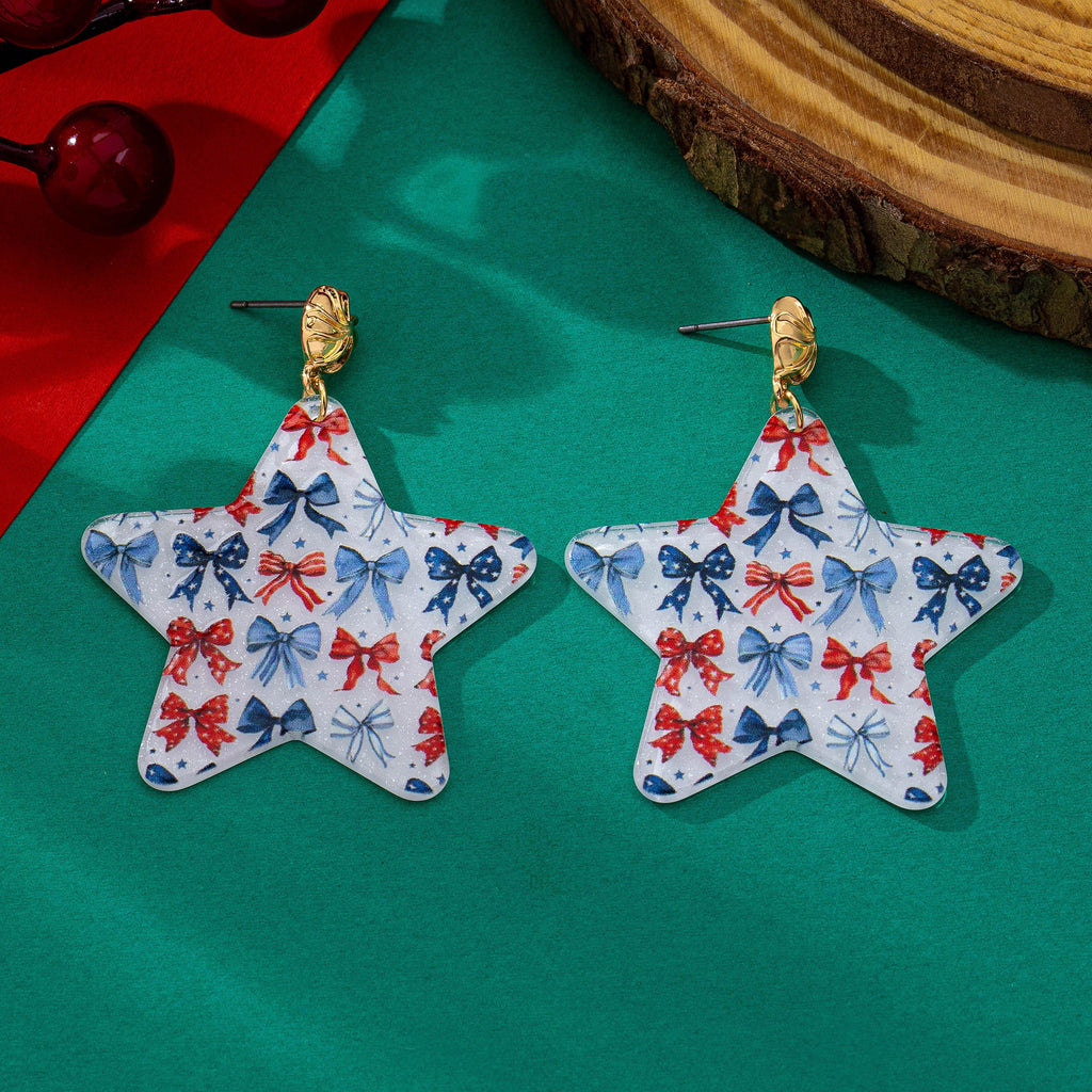 Patriotic Coquette Bow Printed Star Drop Earrings | 80E63560