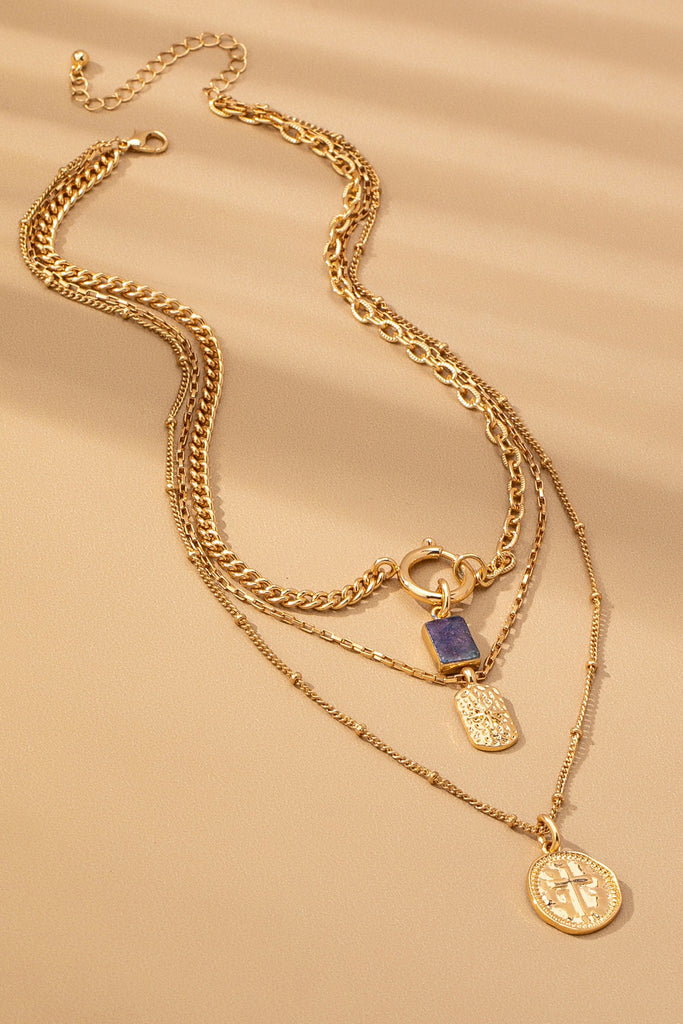 LAYER CELESTIAL CROSS BLUE STONE CHARM NECKLACE | 80N92501