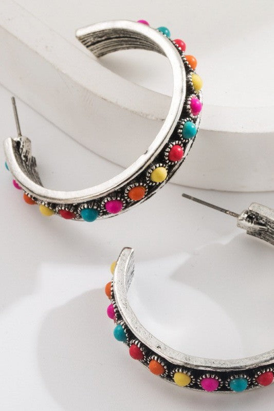 WESTERN TURQ STONE HOOP EARRINGS | 40E431