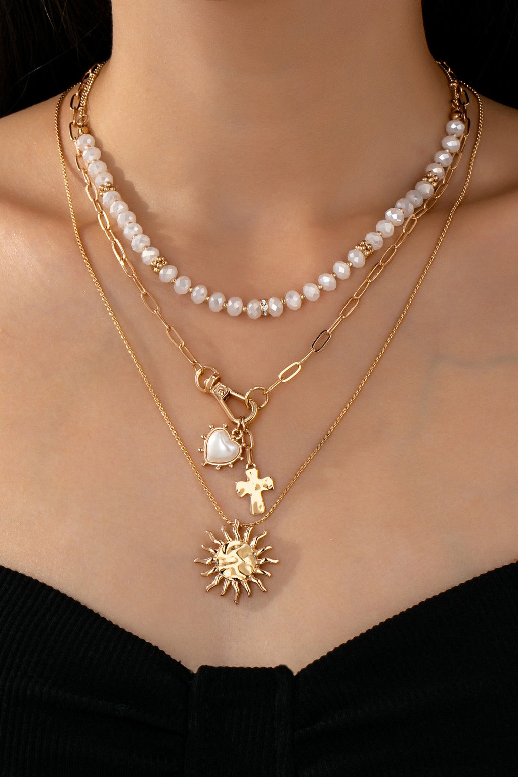 MULTI BEADED LAYER SUN HEART CROSS CHARM NECKLACE | 80N92499