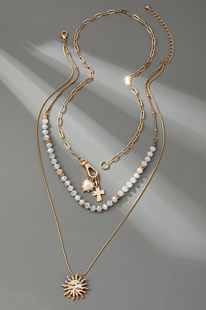 MULTI BEADED LAYER SUN HEART CROSS CHARM NECKLACE | 80N92499