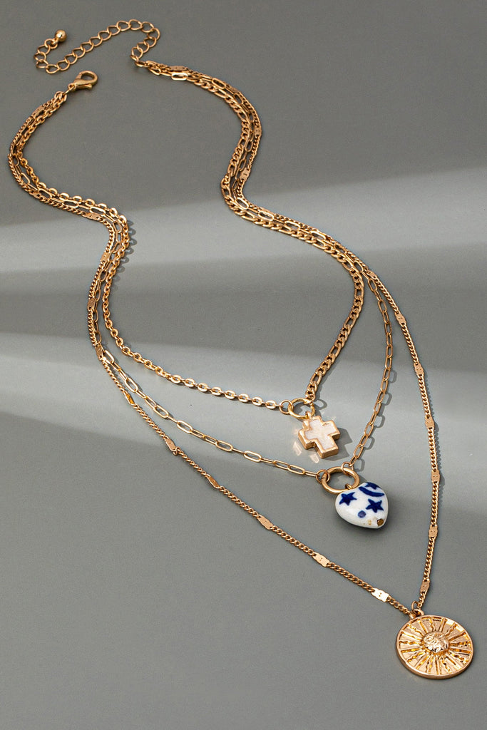MULTI LAYER PORCELAIN HEART CROSS CHARM NECKLACE | 80N92498