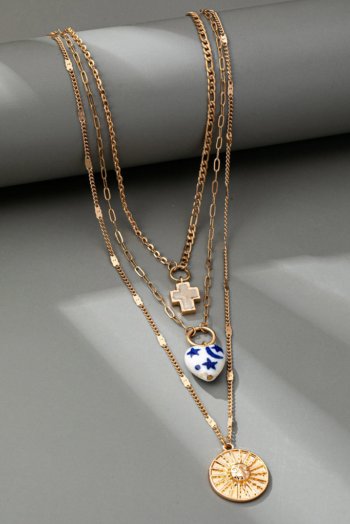 MULTI LAYER PORCELAIN HEART CROSS CHARM NECKLACE | 80N92498