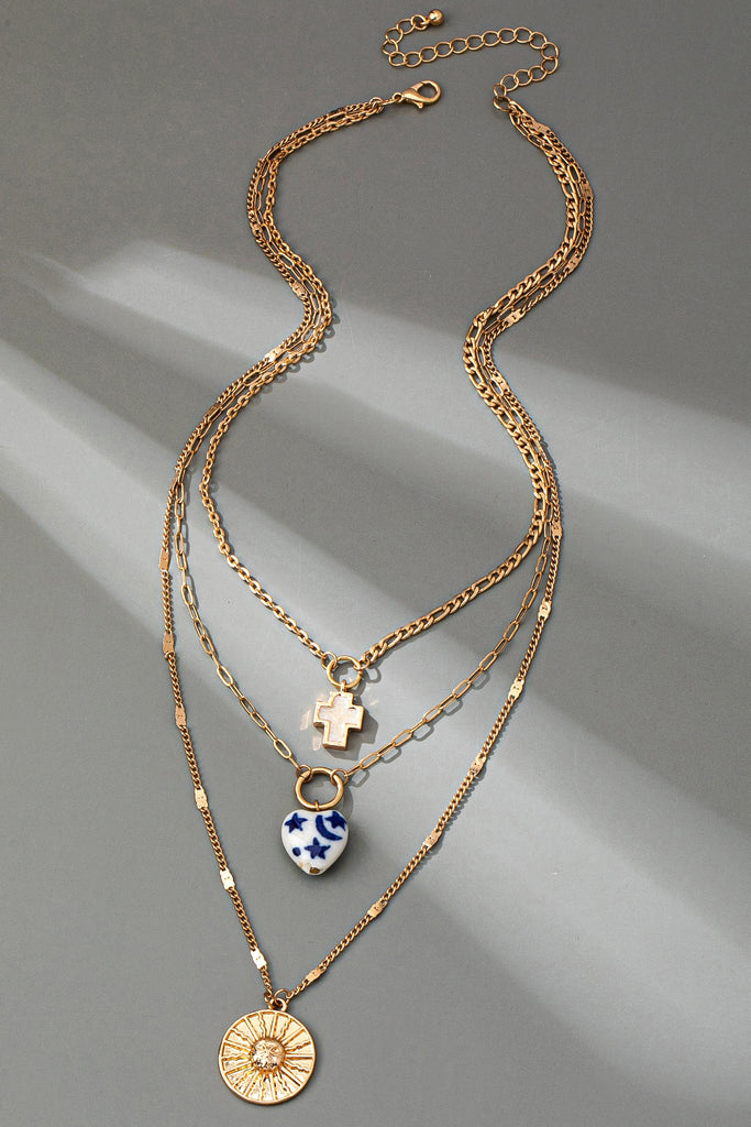 MULTI LAYER PORCELAIN HEART CROSS CHARM NECKLACE | 80N92498