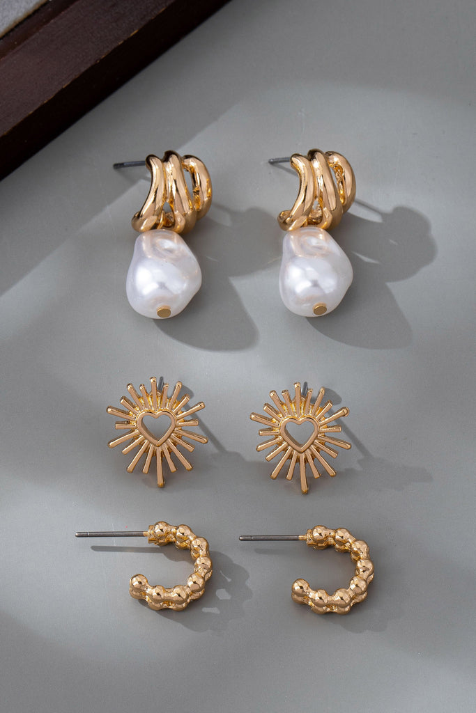 TRIO BLAZING HEART PEARL DROP HUGGIE HOOP EARRINGS | 80E61472