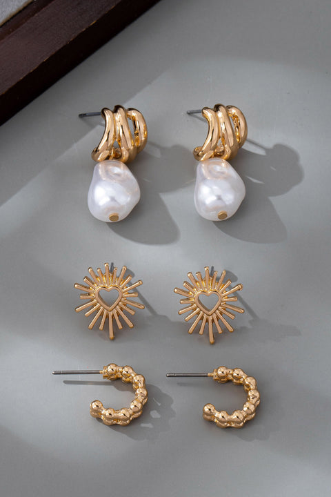 TRIO BLAZING HEART PEARL DROP HUGGIE HOOP EARRINGS | 80E61472