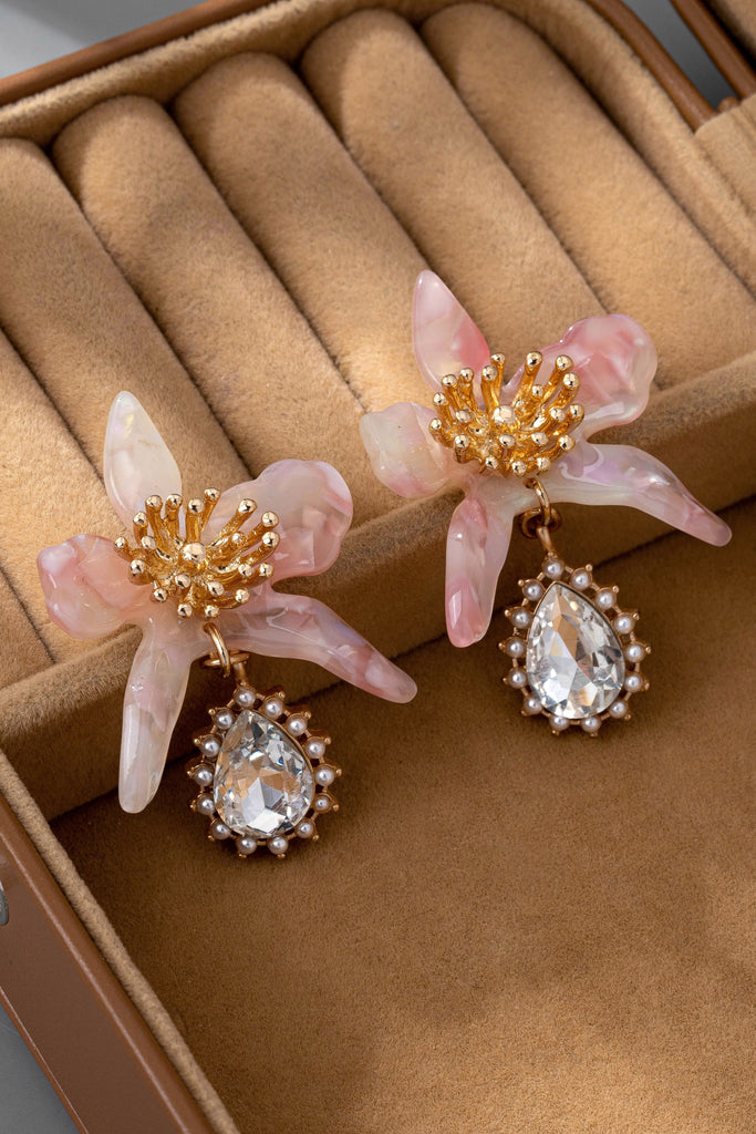 RHINESTEONE DROP FLORAL PINK TORT EARRINGS | 80E61428
