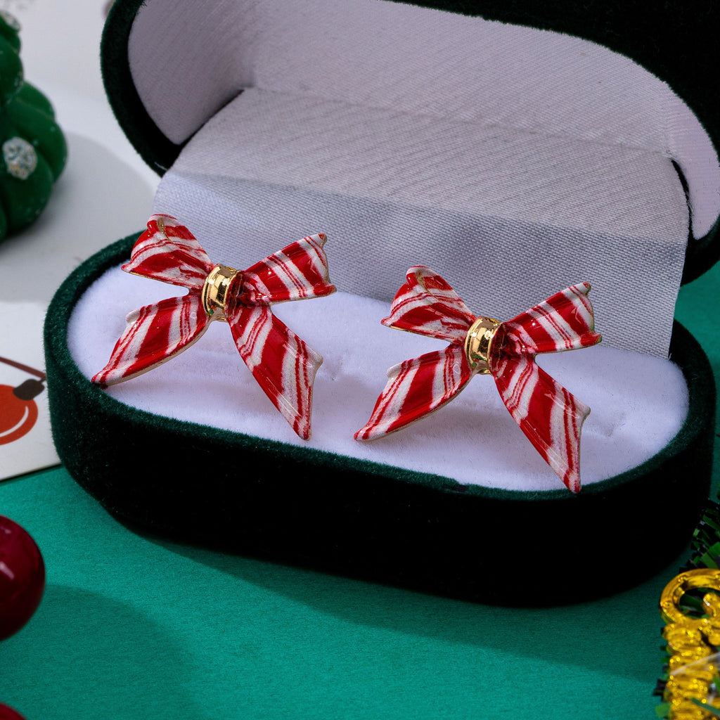 Holiday Red&White Peppermint Striped Bow Earrings | 80E63567