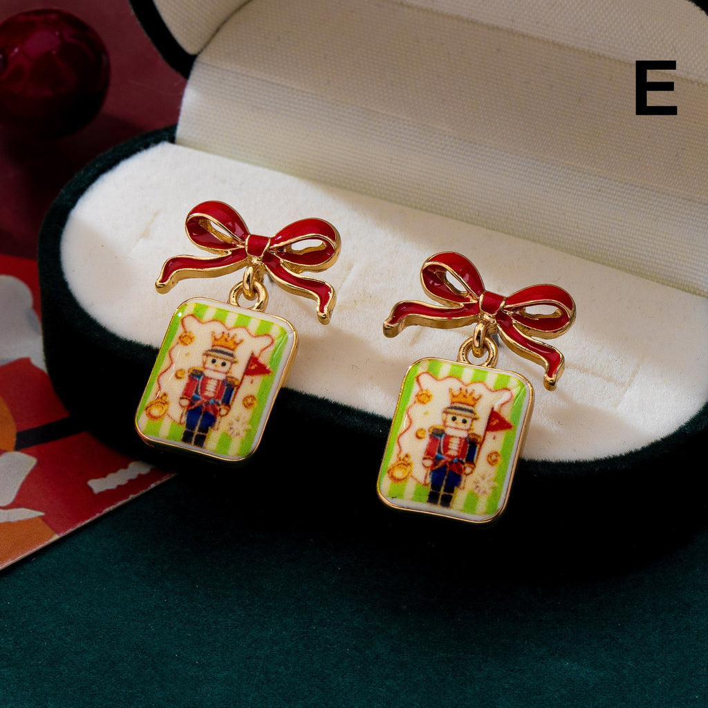 Holiday Enamel Bow & Christmas Charm Drop Earrings|80E63590