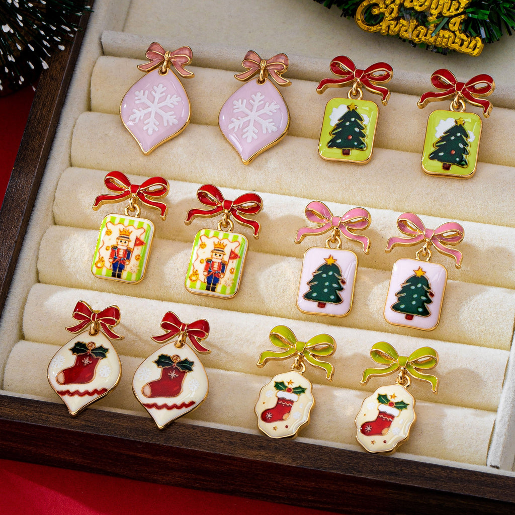 Holiday Enamel Bow & Christmas Charm Drop Earrings|80E63590