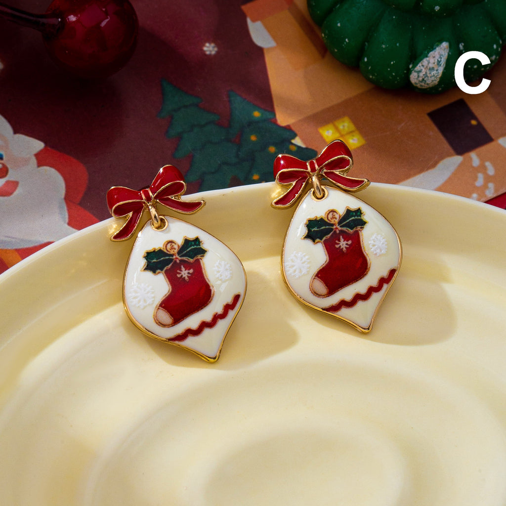 Holiday Enamel Bow & Christmas Charm Drop Earrings|80E63590